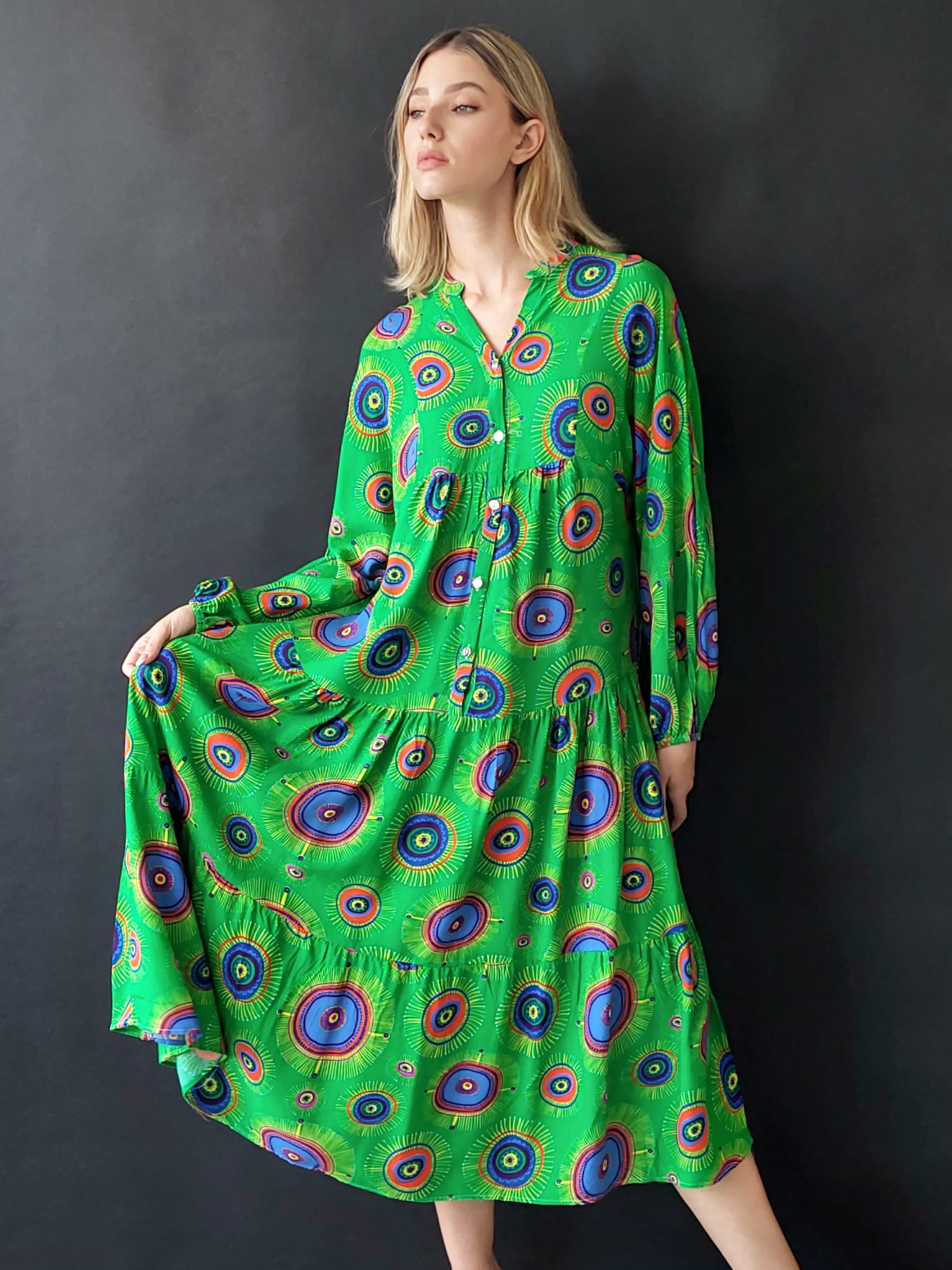שמלת מקסי קומות כפתורים קנדל | ירוק
