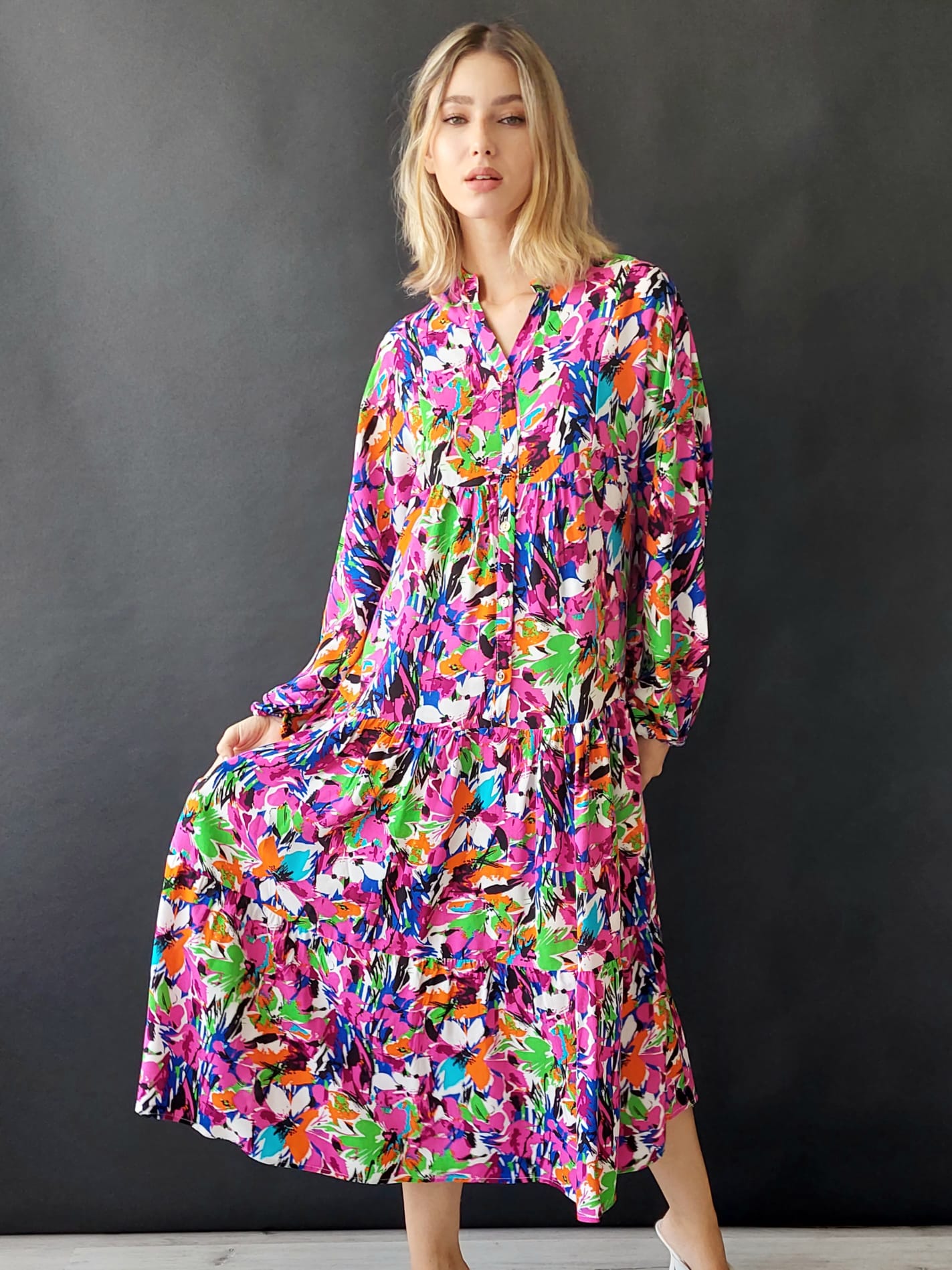 שמלת מקסי קומות כפתורים קורטני | פוקסיה