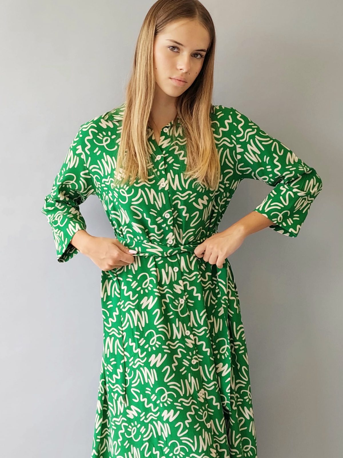 שמלת מקסי כפתורים ויסקוזה | ירוק