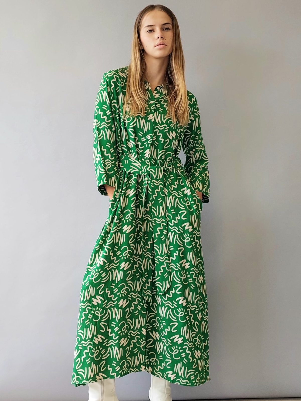 שמלת מקסי כפתורים ויסקוזה | ירוק