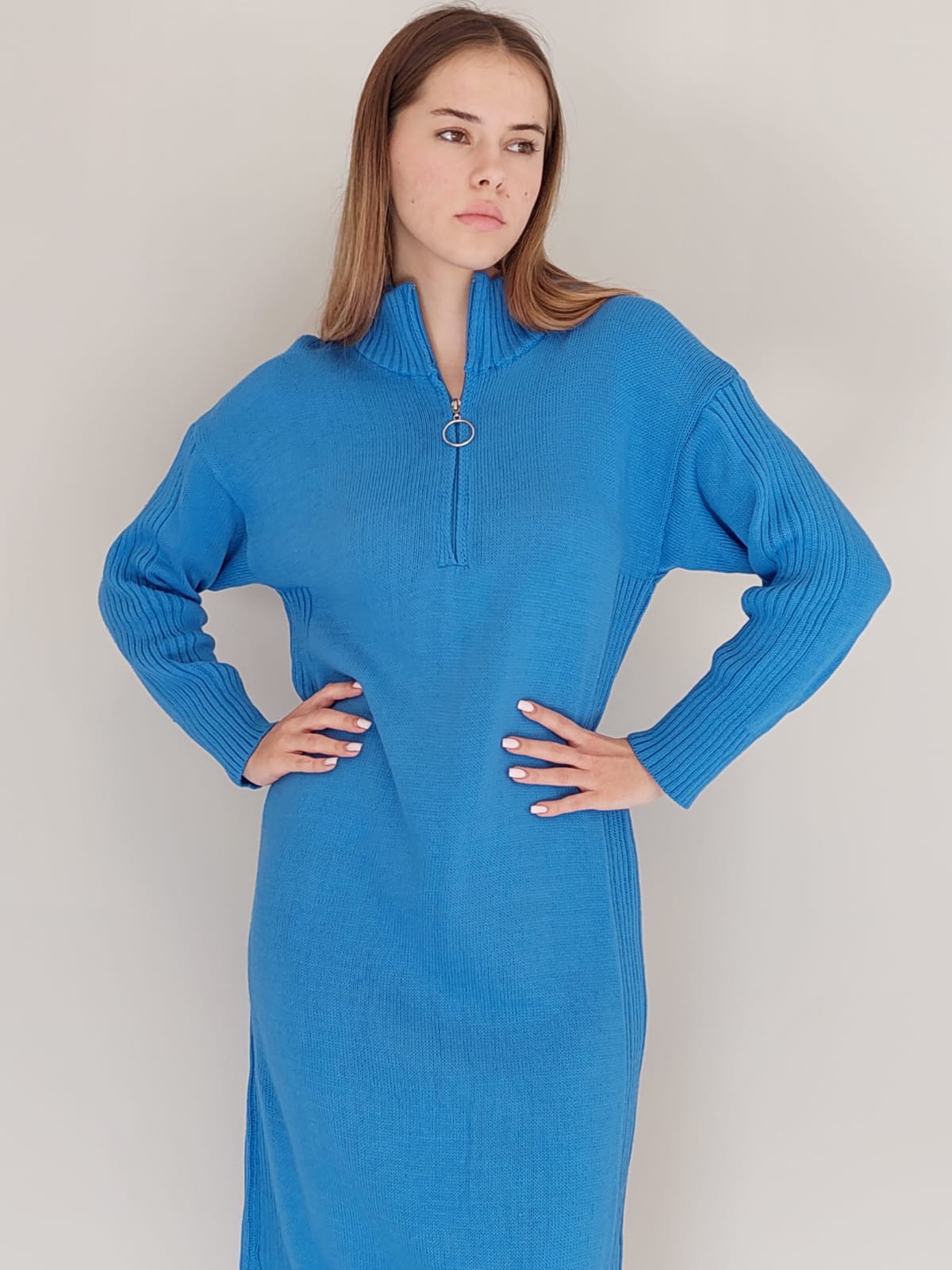 שמלת אוברסייז פיור צווארון רוכסן | כחול