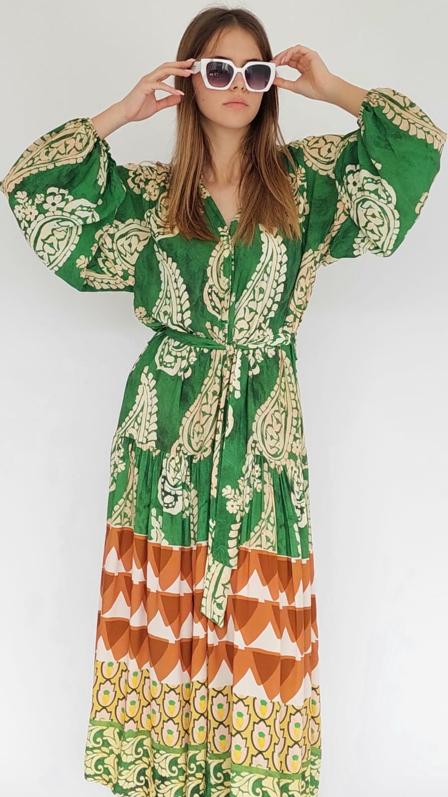שמלת גלביה קלוש כפתורים אוריאנה  | ירוק