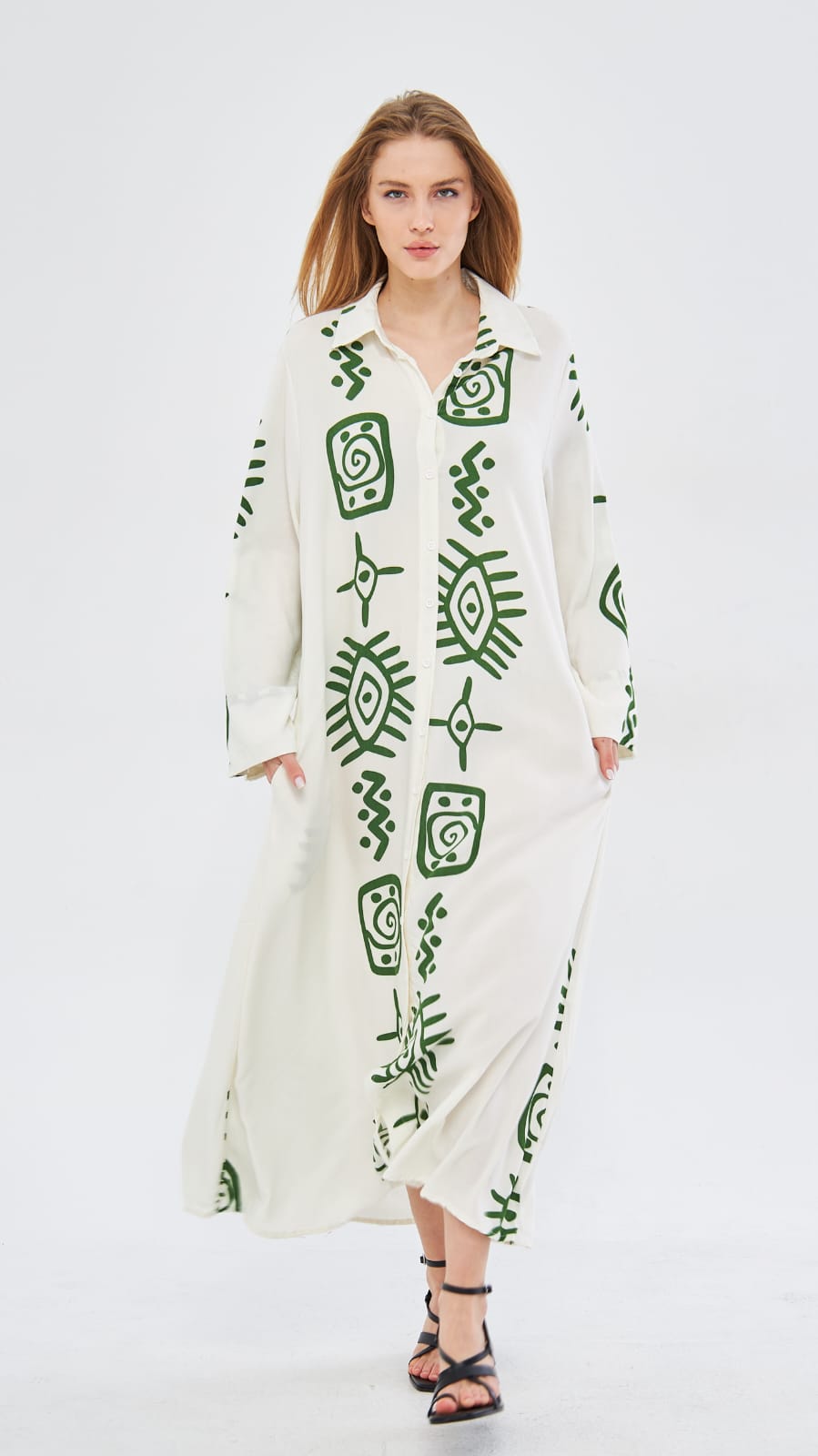 שמלת גלביה קלוש כפתורים בריטני | לבן/ירוק