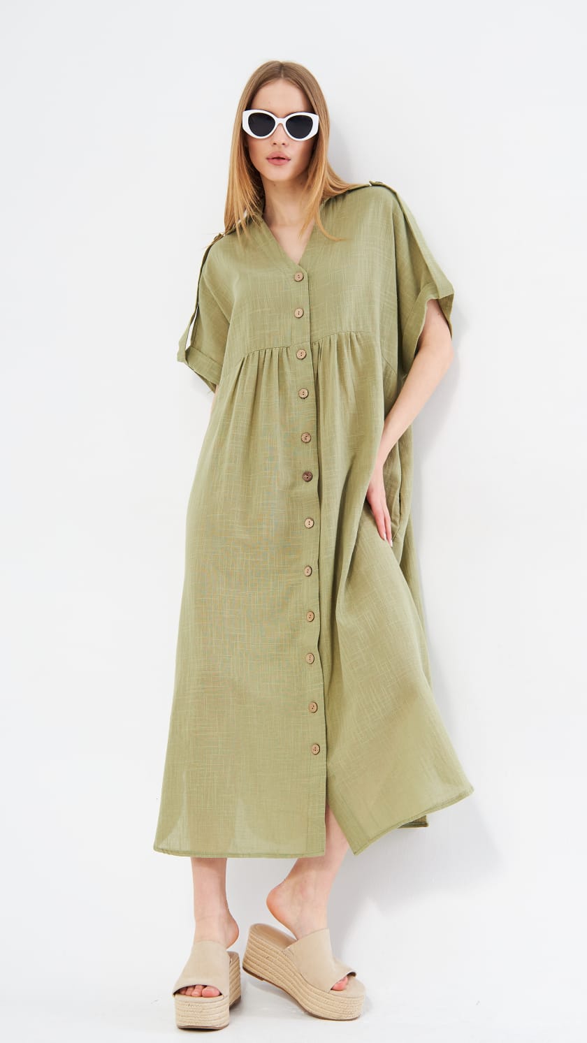 שמלת גלביה כפתורי עץ מוניקה  | ירוק
