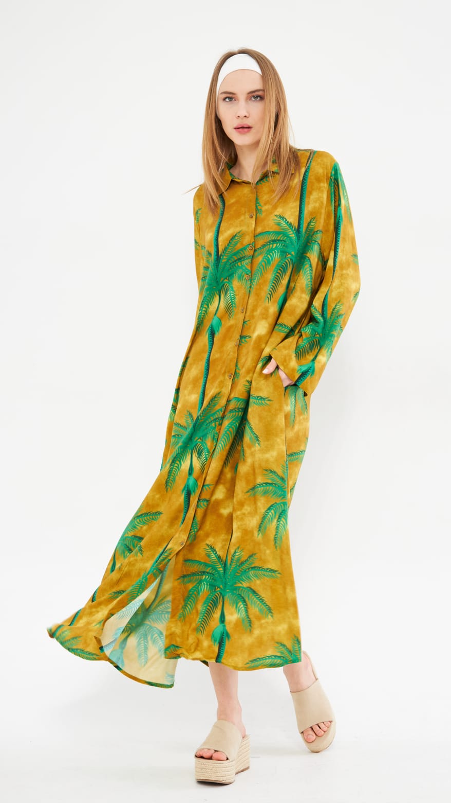 שמלת גלביה קלוש כפתורים הוואי | קאמל
