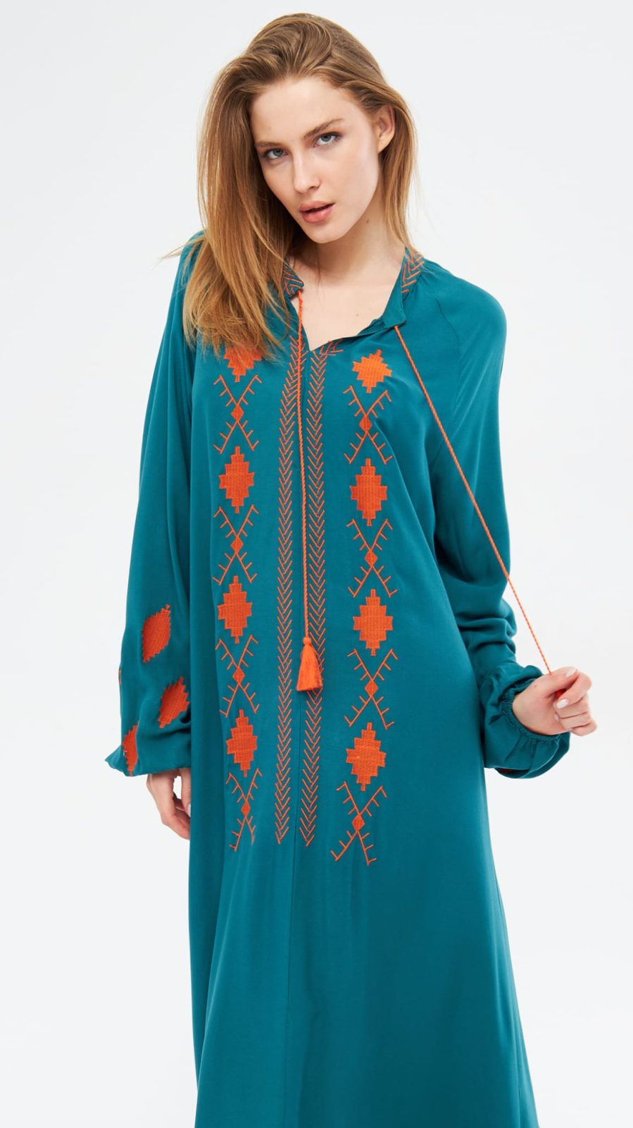 שמלת גלביה מקסי רקמות רוקסנה | טורקיז